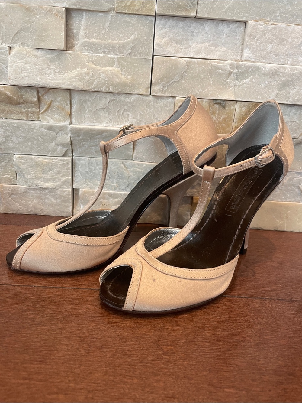 5/$25 BCBG T-Strap Peep-Toe Heels in Nude